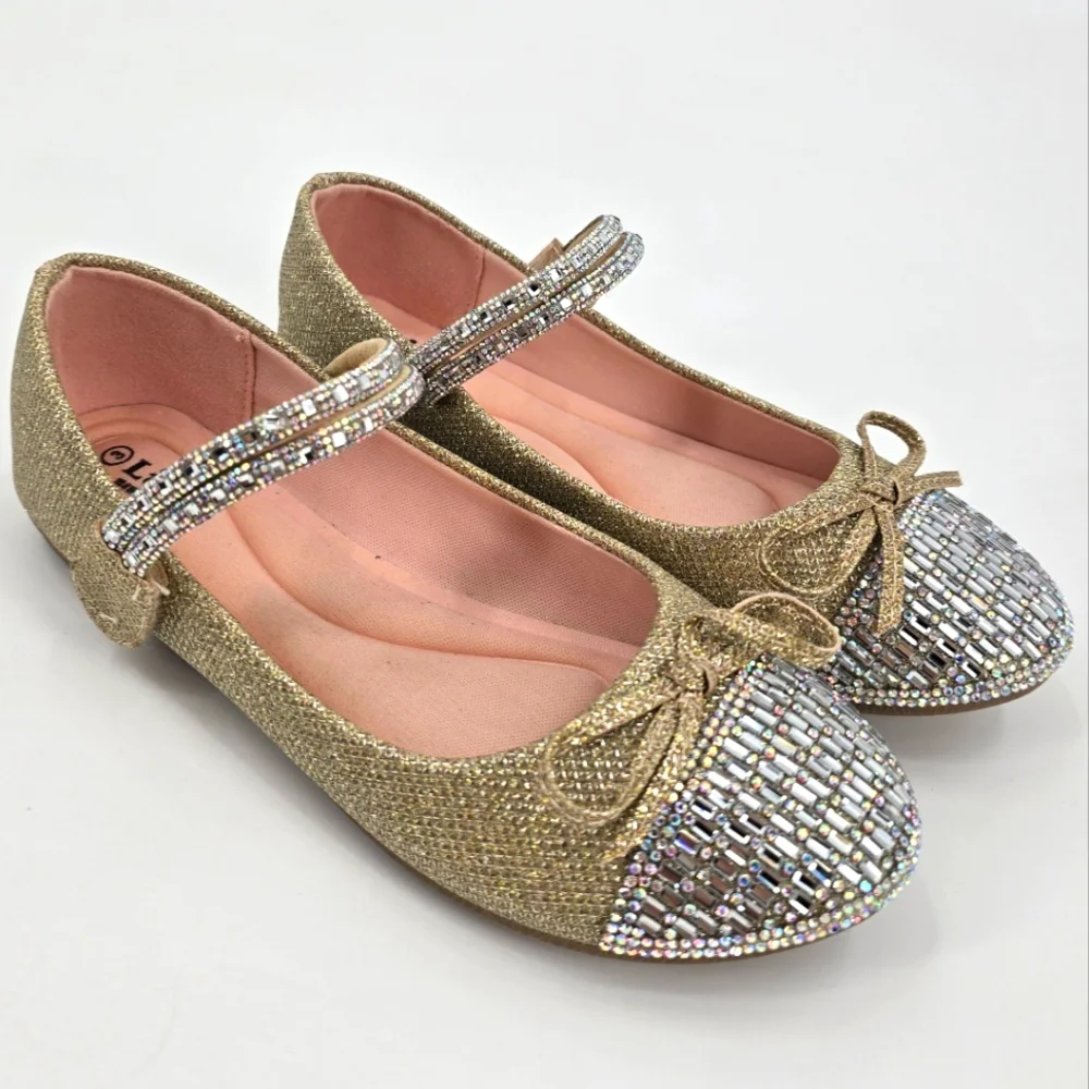 Link Girls Gold With Rhinestones Mary Jane Flats Size 3 NWOB